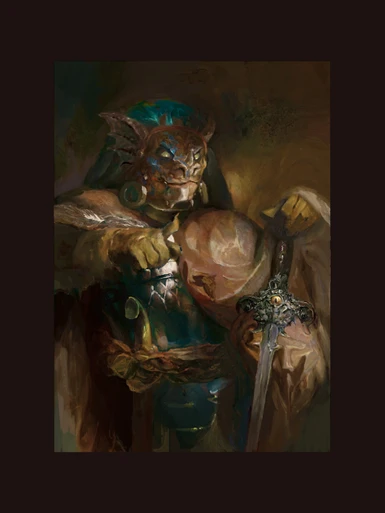 A portrait of an Argonian swordsman