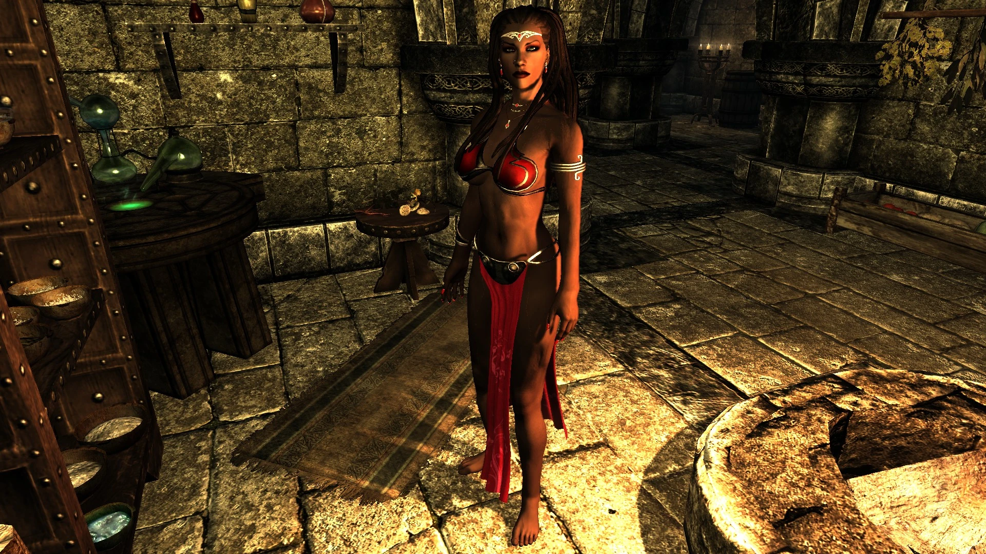 My Saadia mod in red CBBE Slave Armor and DG Ruby Jewelry.