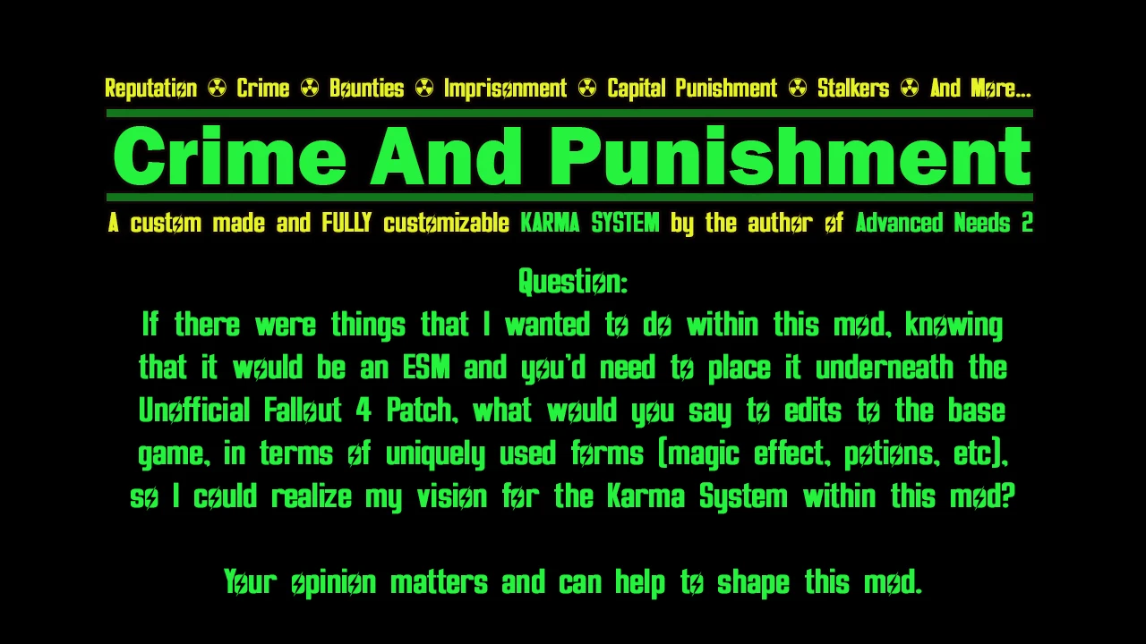 Crime And Punishment - End User Opinion Poll at Fallout 4 Nexus - Mods