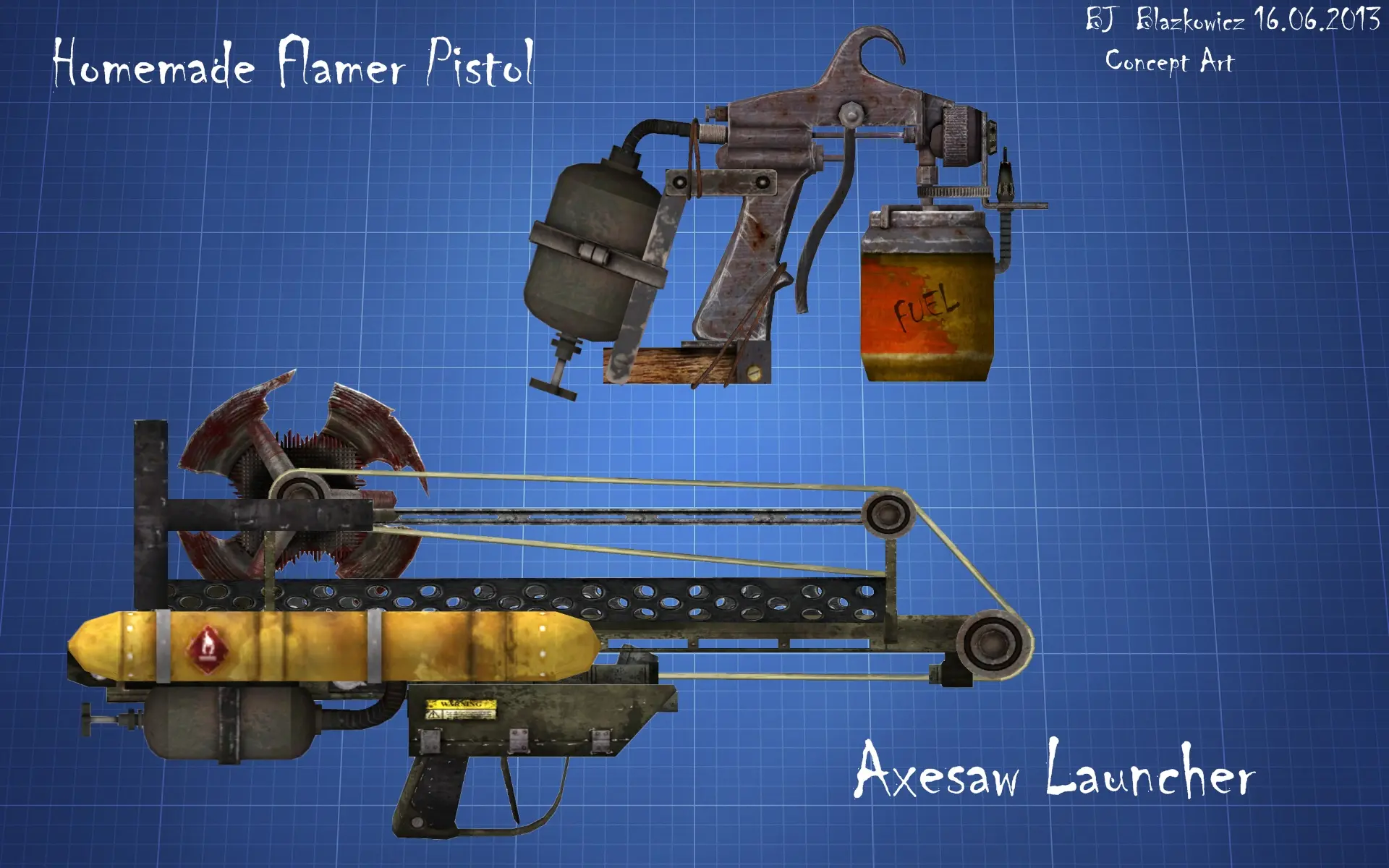 Axesaw Launcher and Flamer Pistol Concepts at Fallout New Vegas mods