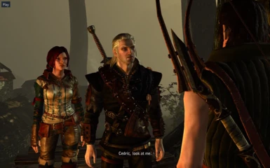 Geralt and Triss meet Cedric for the first time in Flotsam AI x2 texture mods
