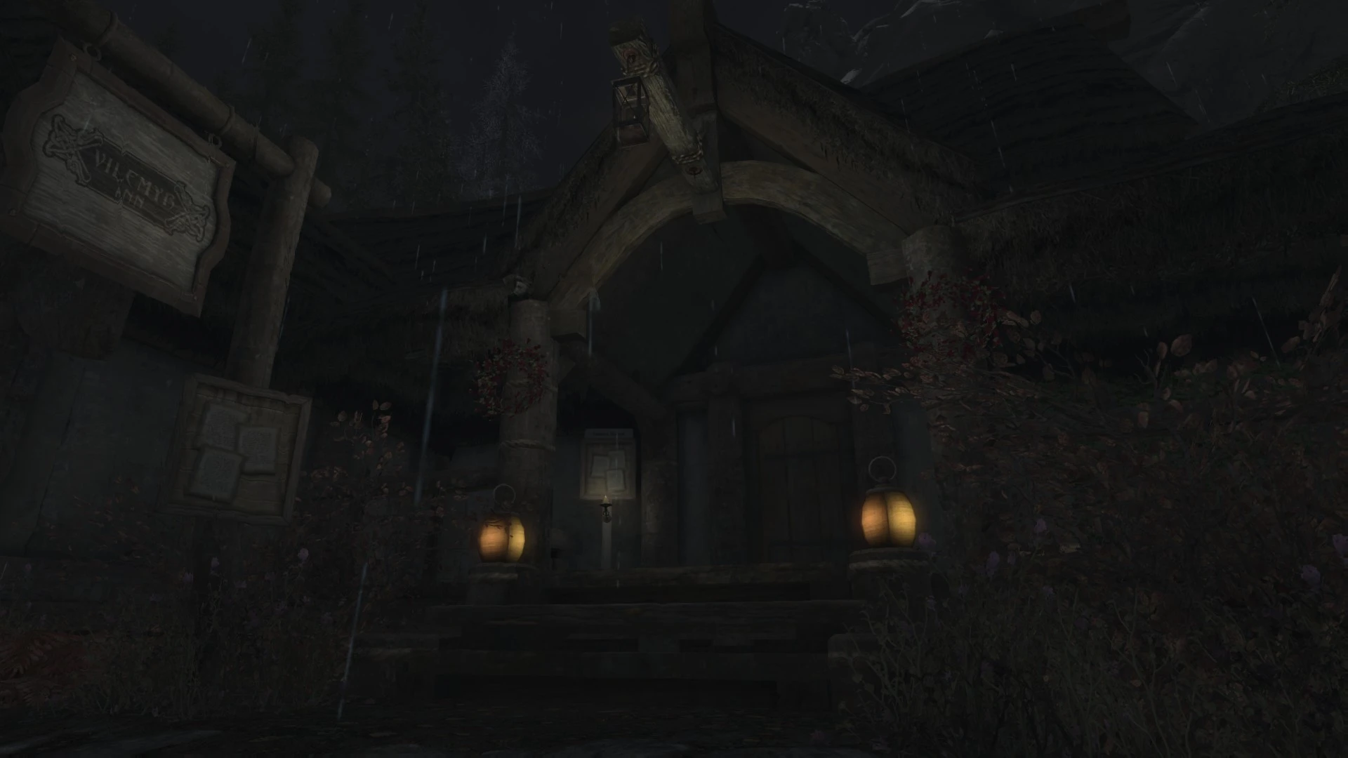 Vilemyr inn during a late night thunderstorm at Skyrim Special Edition ...