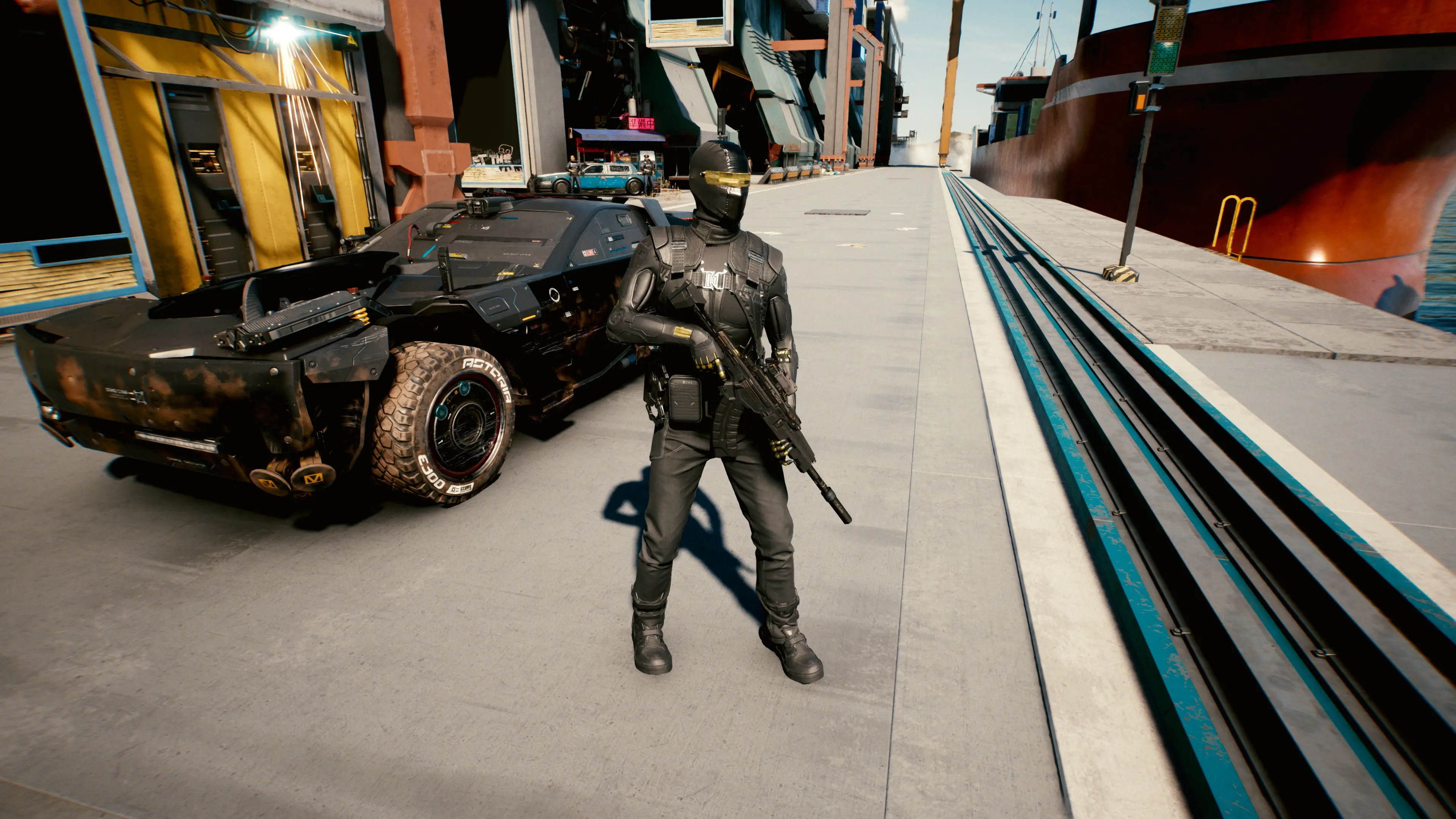 a cyberpunk 2077 assassin wearing a jacket, weapon