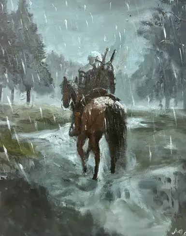 Geralt riding through Velen