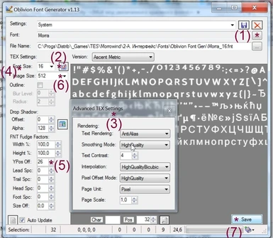 ObFontGen 1_13 settings to make your own Morrowind font