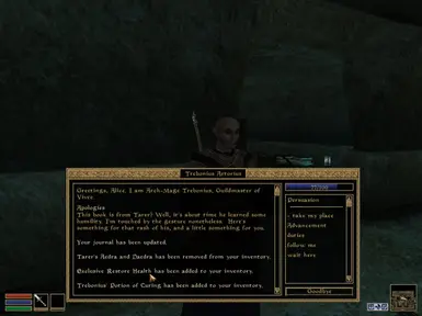 In vanilla, he gives a Rising Force Potion of the same tier as a reward