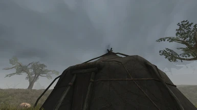 Smoke rises from the yurt