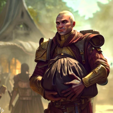 An Imperial Soldier in Morrowind's Seyda Neen handing holding a rugged backpack for a newly arrived prisoner. Bing Image Creator|1024 × 1024 jpg