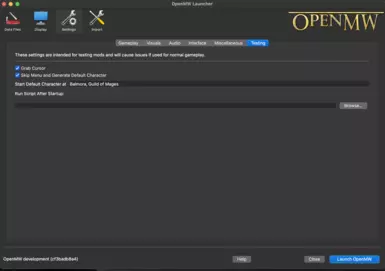 How to start a test character in OpenMW