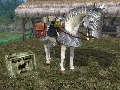 Horse with large saddlebags standing next to an Elven Horse Armor box