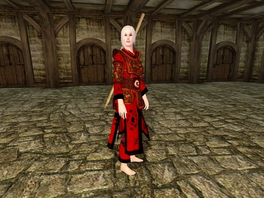 Alba in red robe and leather armor