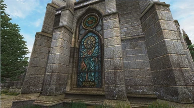 Exterior Great Chapel of Zenithar, showcasing Zenithar's window in place of Stendarr.