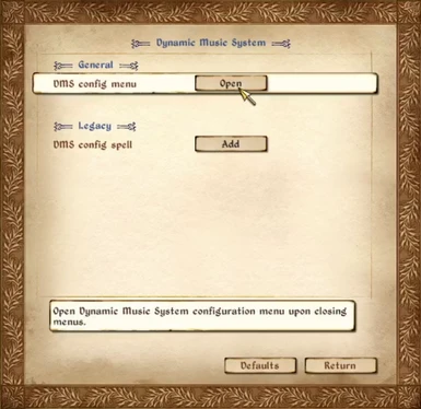 Dynamic Music System configuration menu