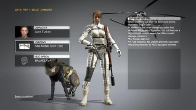 Quiet wearing the Boss Sneaking Suit with hip weapons.
