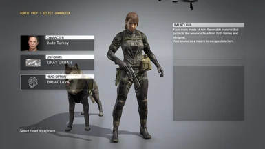 All the camos from fatigues will still work. Here Quiet is wearing Morbid's IGA Suit with Gray Urban camo.