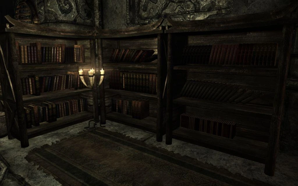 Bookcase Skyrim. Стеллаж заполненный свитками. Skyrim library
