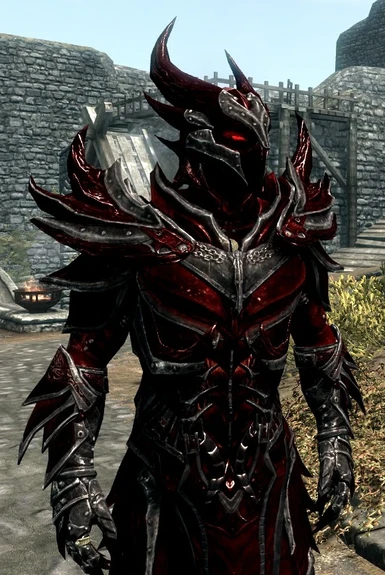 Blood Metal Daedric Armor and Weapons Glowing Eyes