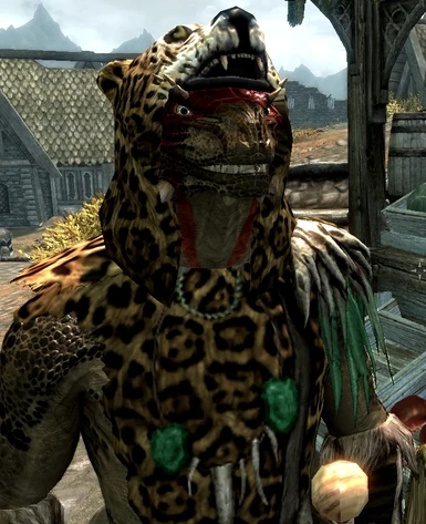This Argonian seems almost pleased about his new headwear