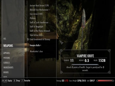 Vampire Knife Inventory