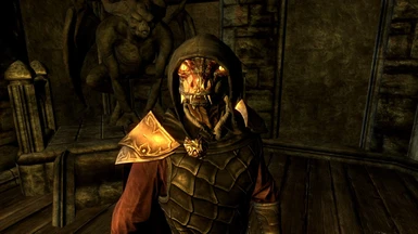 The cowl on an Argonian vampire