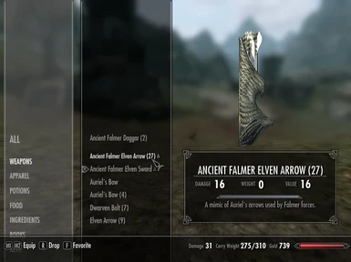 Arrows - same as those exploding sun bows but removed the sun effect and enchantment to minic ancient falmer arrows