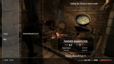 The cooking screen with Powdered Mammoth Tusk as an option