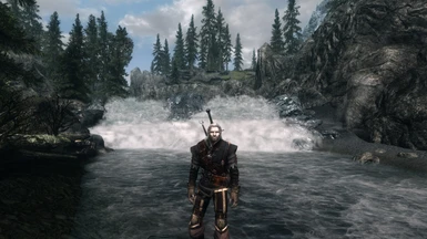 Geralt infront of waterfall with enhanced wetness and puddles