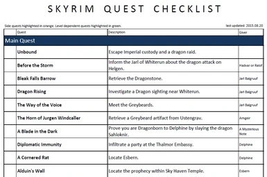 Skyrim Quest Checklists and Quest Mod Checklists