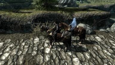 Katria mounted on horseback using the Convenient Horses Mod