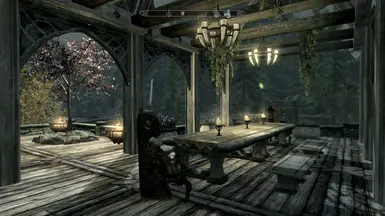 Outdoor dining area at night