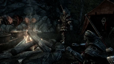 Nord and Dunmer soldiers swapping tales by the fire