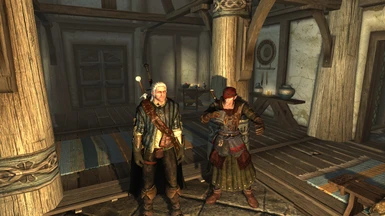 Geralt hangin out with Iorveth at the Bannered Mare in Whiterun