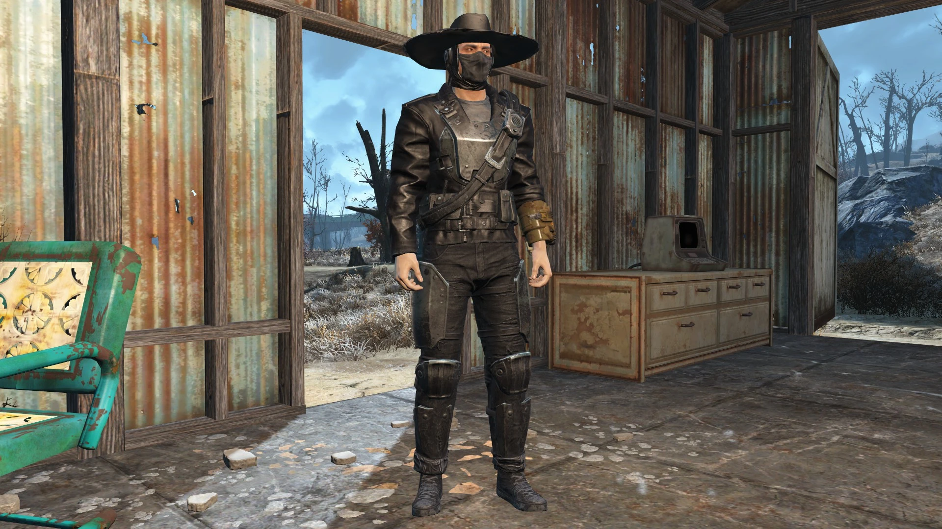 Fallout ковбой. Фоллаут 4 ковбойская одежда. Fallout 4 костюм охотника. Fallout 4 сафари. Fallout New Vegas Armor ковбой.