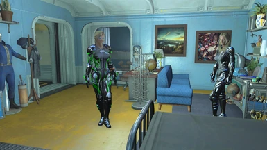 Sabrina and Ellen's new armor crafted at Vault 81 home.  Source: YouTube @ Xoren Games