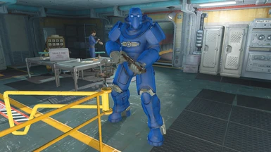 A Vault 81 guard wearing Vault-Tec Power Armor