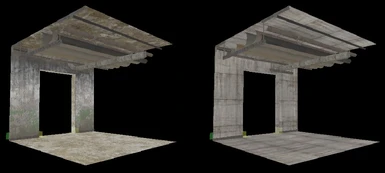 Utility or maintenance tunnel design was swapped to plain concrete ceiling, floor, walls, stairs. Left = Vanilla | Right = Modded