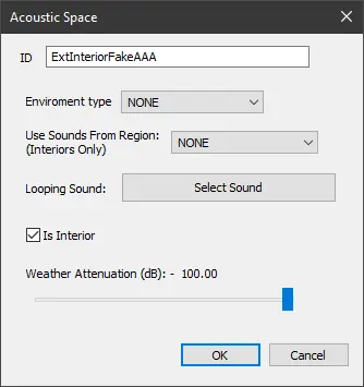 Acoustic Space object window with ducked Weather Attentuation (dB). -100 does not work and might be an engine limitation. Not much of a deal only few cells use it at all. Any research is greatly appreciated.