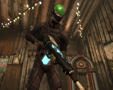 Nuka Cola Quantum armor with Alien Rifle - indoors