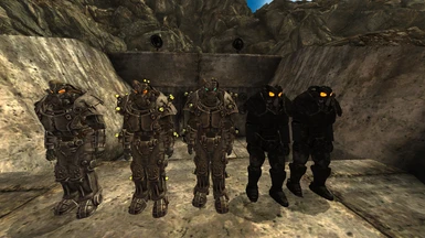 From left to right: X-01 Power Armor, X-01 Tesla Power Armor, X-01 Gannon Power Armor, Enclave Advanced Power Armor Mk. I, Enclave Advanced Tesla Power Armor Mk. I