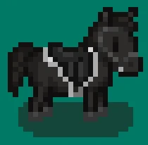 Black custom horse with black dressage saddle, white dressage pad and black english bridle