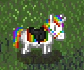 Rainbow Unicorn with black English saddle, rainbow English saddle pad and rainbow halter