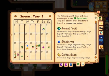 The Planting Dates page shows you everything you need to know about when to plant crops. You can see what the last day to plant is, and check how different fertilizers affect things.