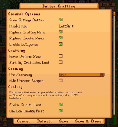 The available settings in Generic Mod Config Menu