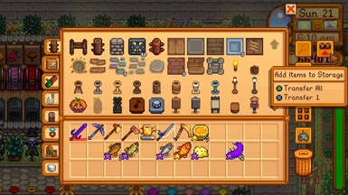 As of version 1.0, you can send items in your inventory to chests connected to the workbench with one click.