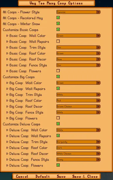 Generic Mod Config Menu showing all customization options and their default values.