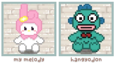 my melody and hangyodon plushes