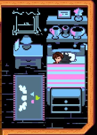 Cuddle with Krobus right after you woke up under a cozy blanket!