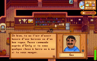 Gus - version moddée avec dialogue alternatif. Si les changements de cadeaux sont activés pour lui, Gus moddé ne boit pas d'alcool.