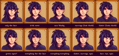 eyecolors: the green eyes are the olive ones, everything but the hair is robinsprite, everything-everything is kit's choice, second to last is asari's choice, and the last one is robinportrait