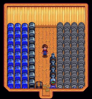 Example of late game automation process. Left is smelting bars and right is self sufficient wine maker. Obviously not optimized for min max play.
